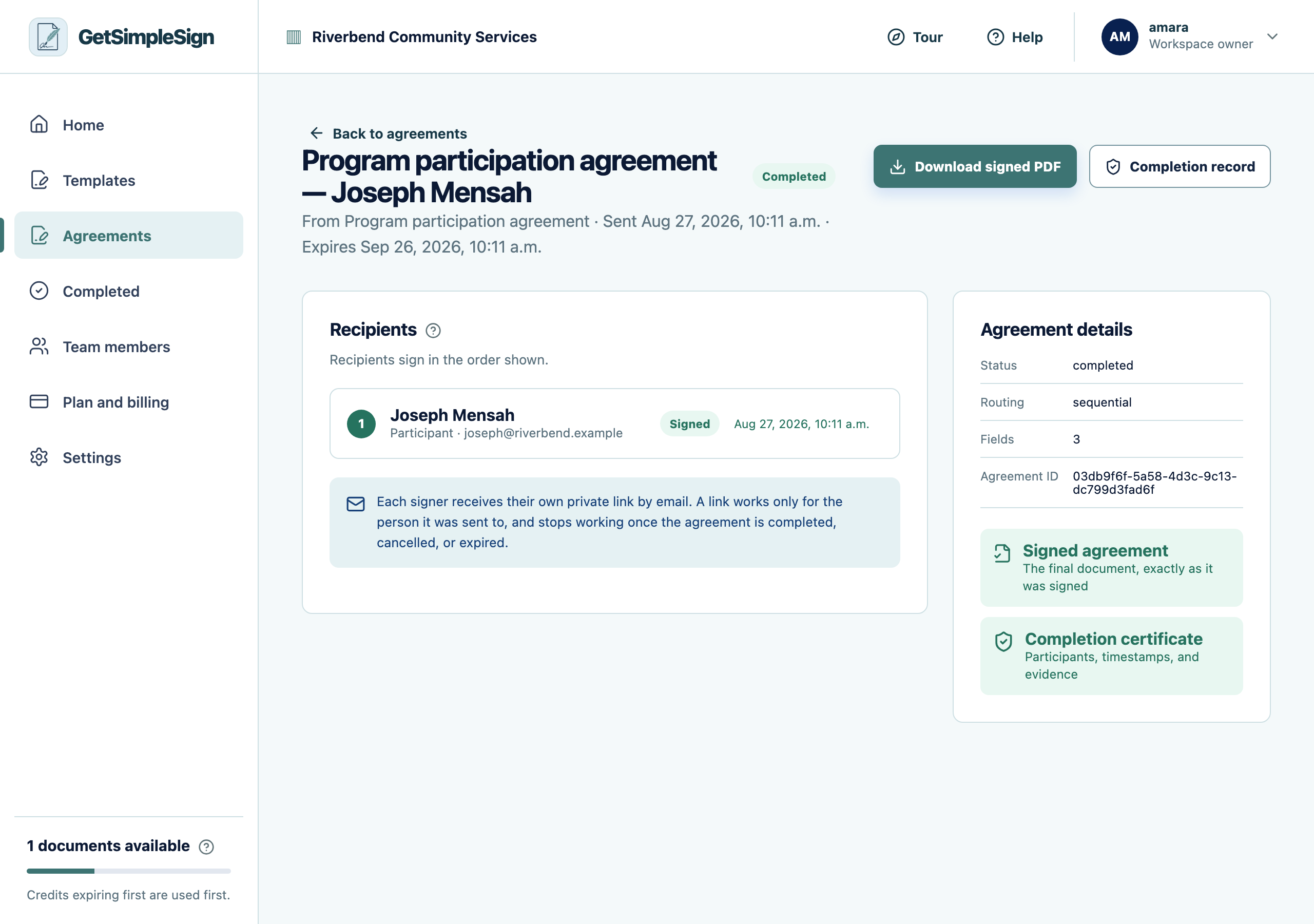 A completed agreement, offering the signed PDF and the completion record.