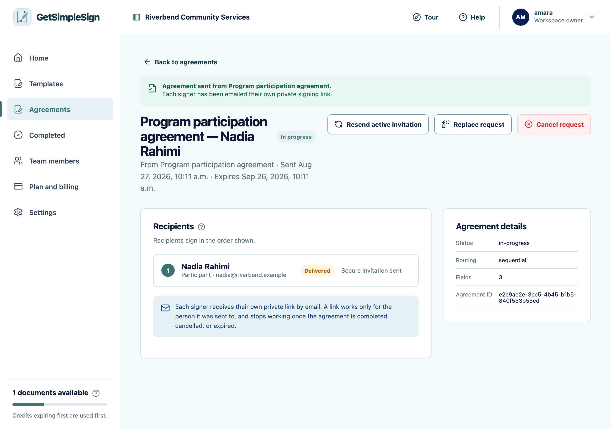 An agreement in progress, showing the recipient, their status, and the controls to resend, replace or cancel.