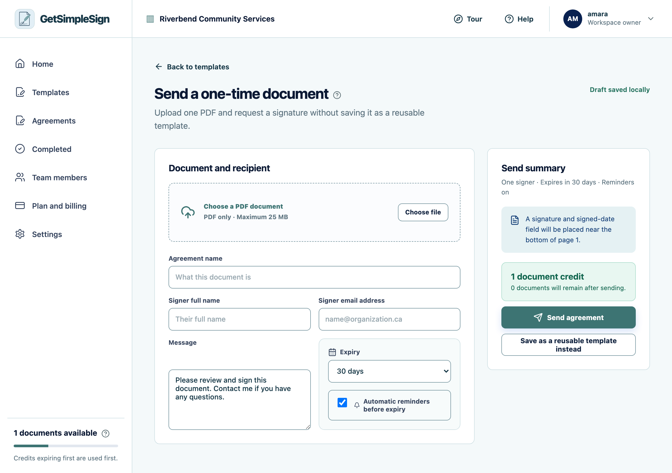 The one-time document screen, for sending a PDF once without making a template of it.