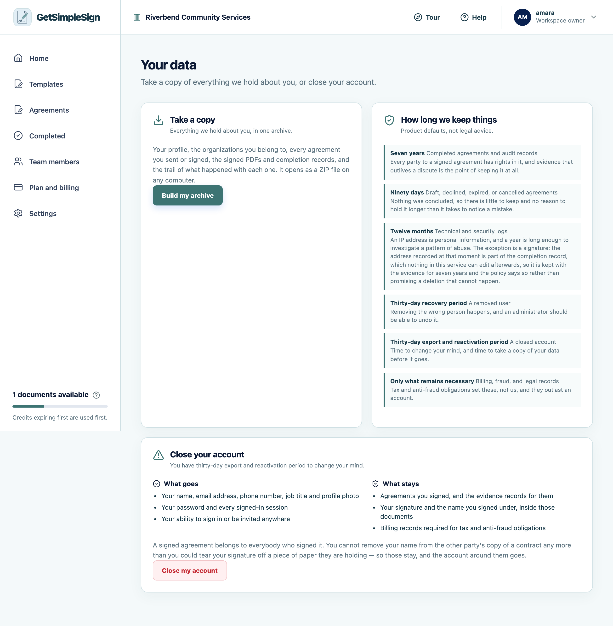 Your data: what is kept about you, how long for, how to export it, and how to close the account.