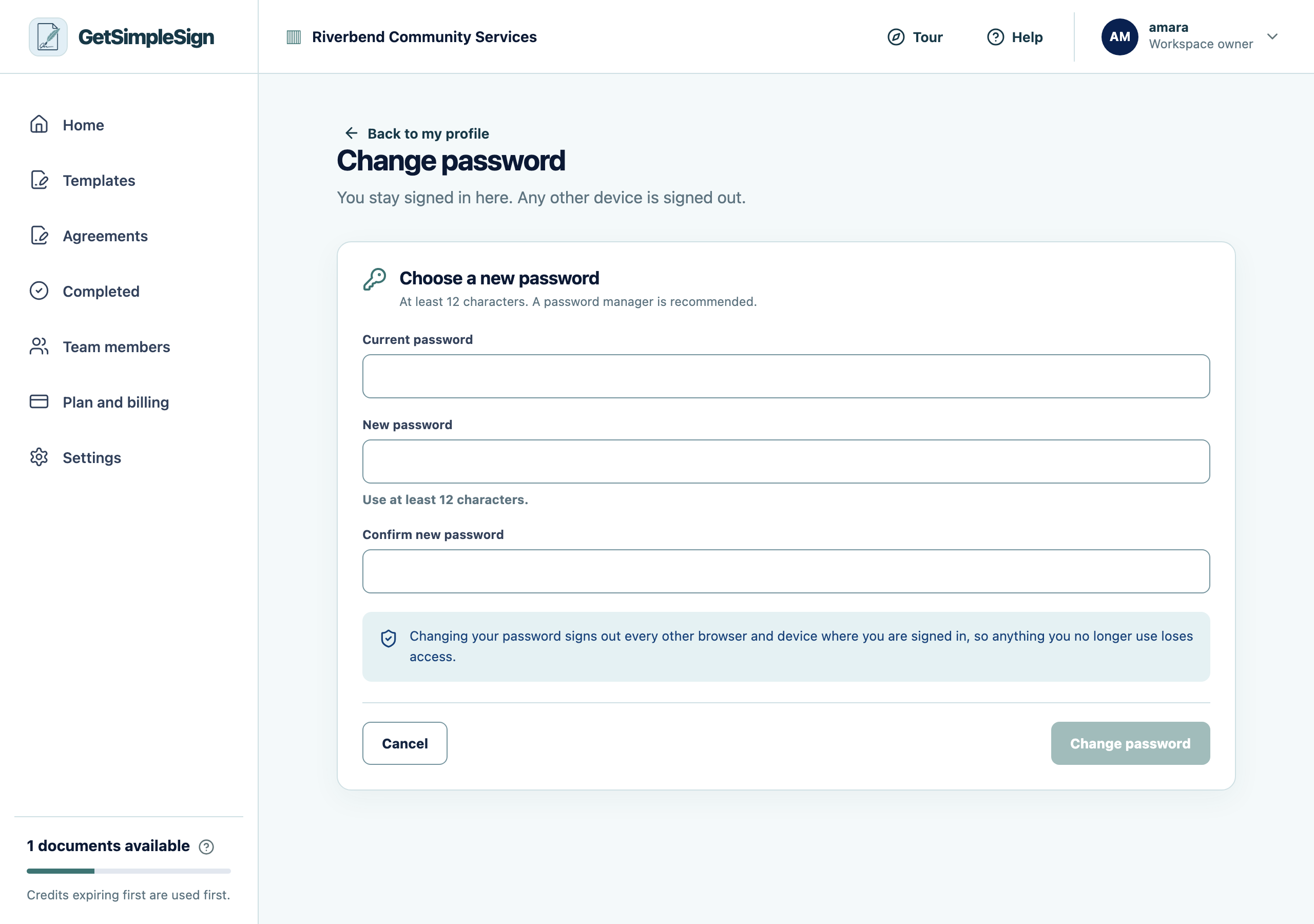 The change password screen, asking for the current password and a new one.