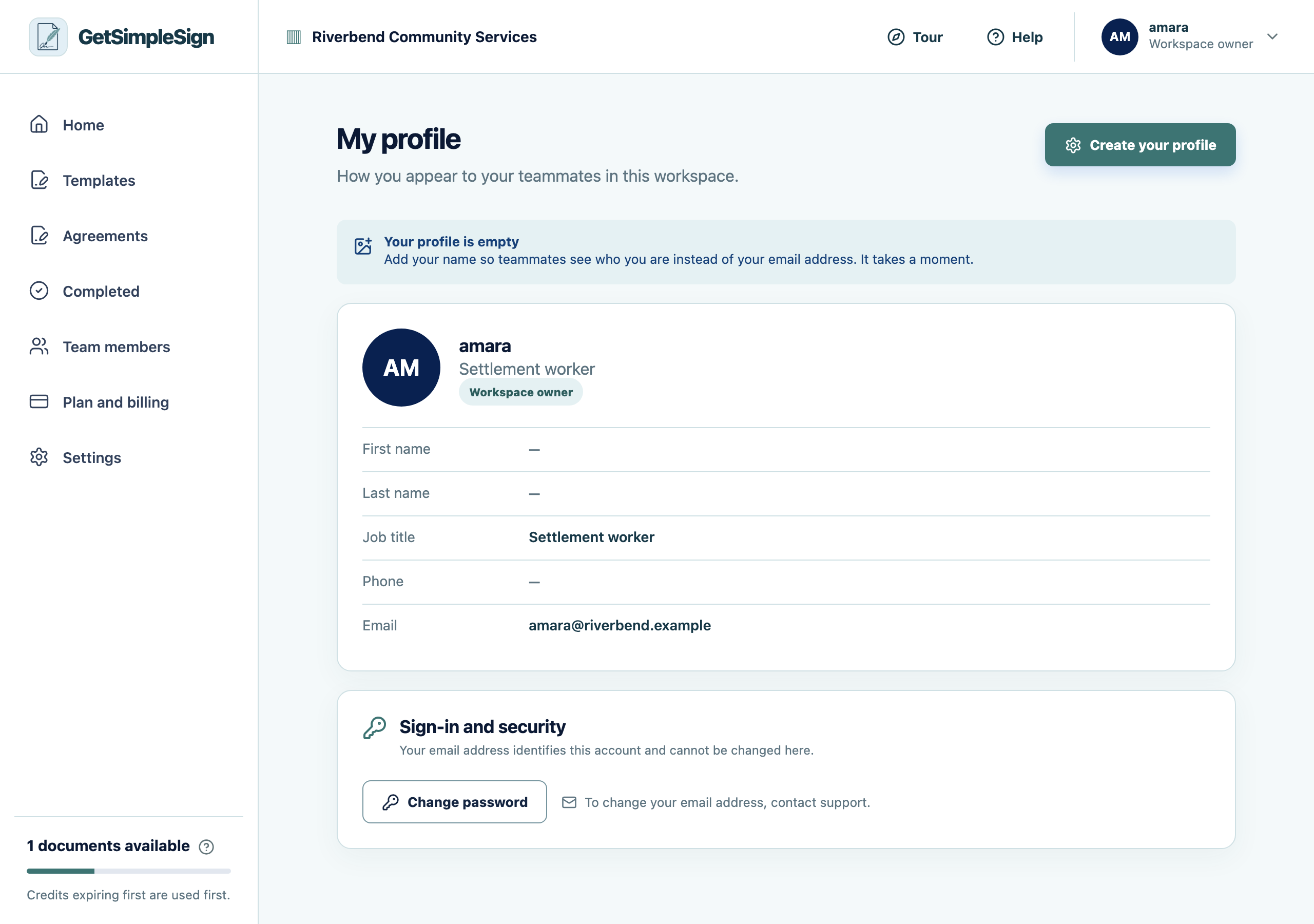 Your profile, showing your name, job title, photo and the account controls.