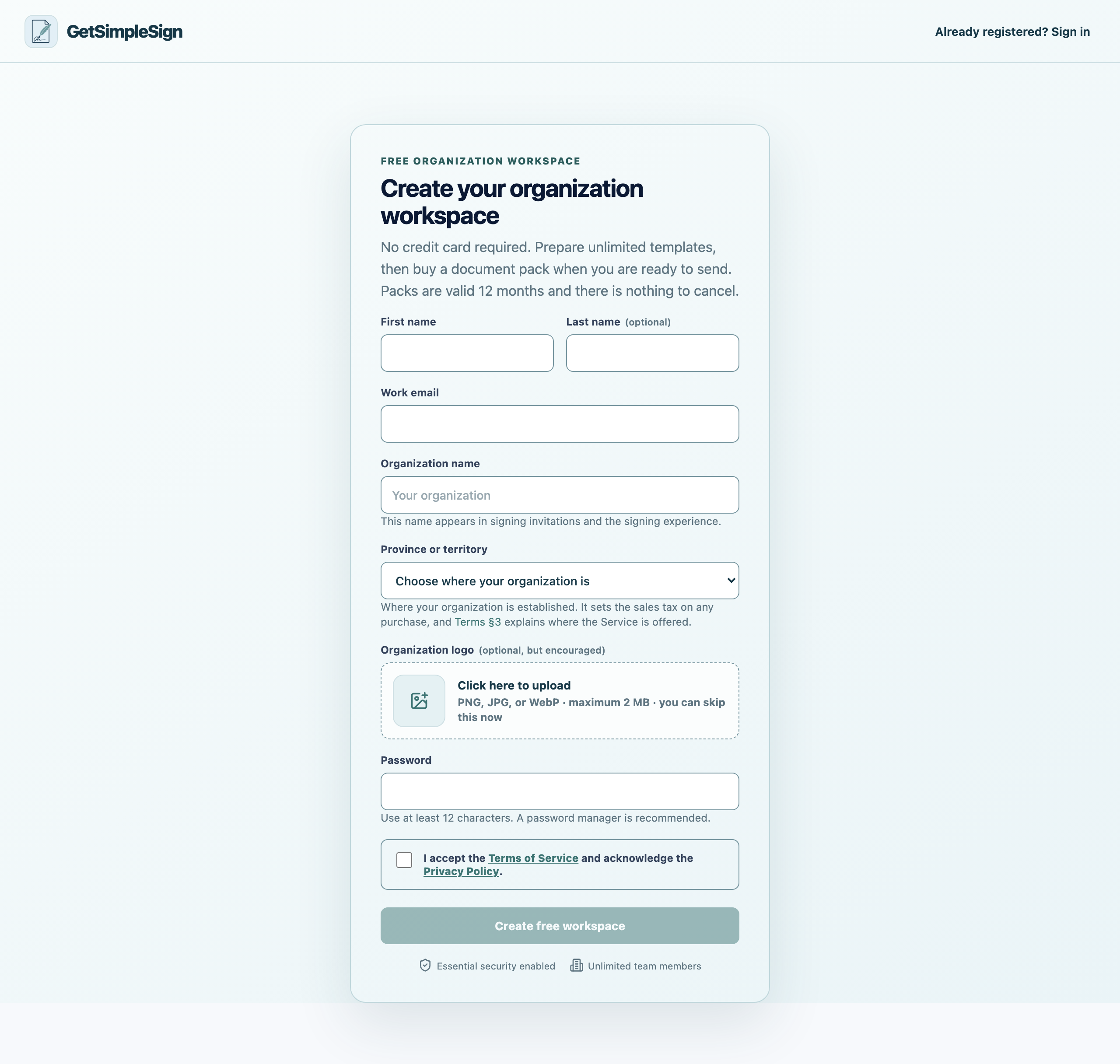 The Create your organization workspace form, with fields for your name, work email, organization name, province, logo and password.