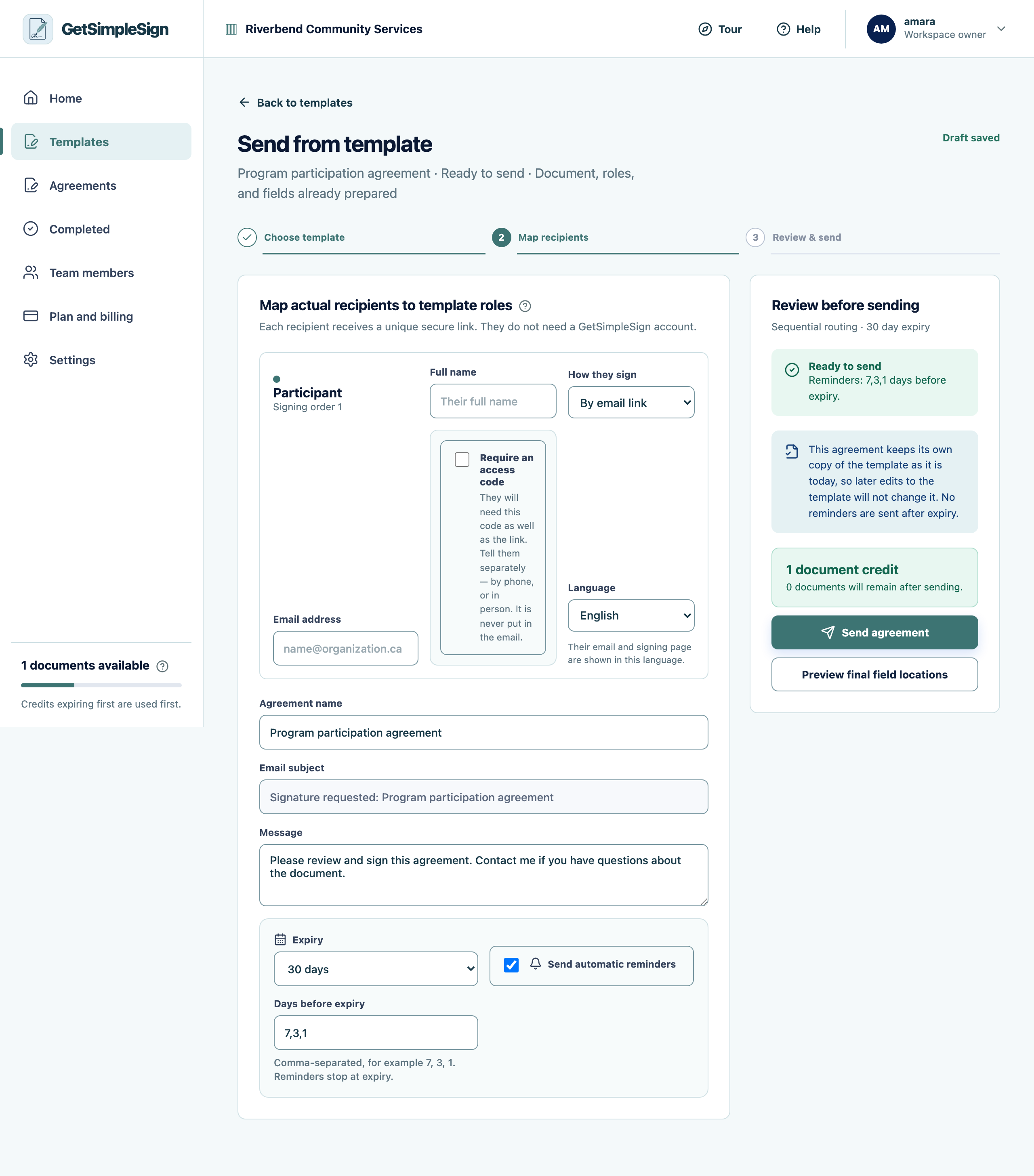 The send screen, with the recipient's name and email, how they sign, the language, the option to require an access code, the agreement name, message, expiry and reminders.