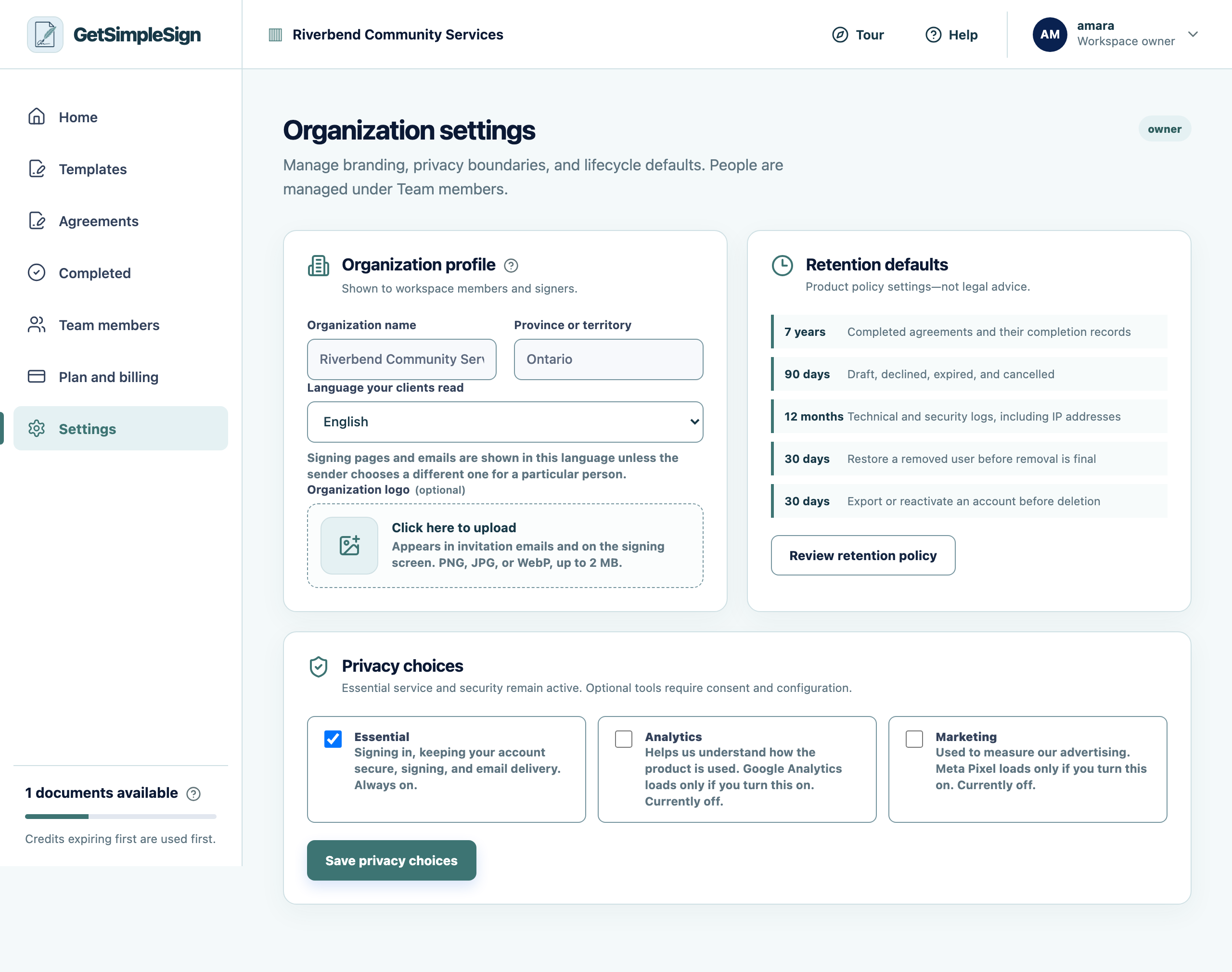 Organization settings: name, province, signing language, logo, retention defaults and privacy choices.