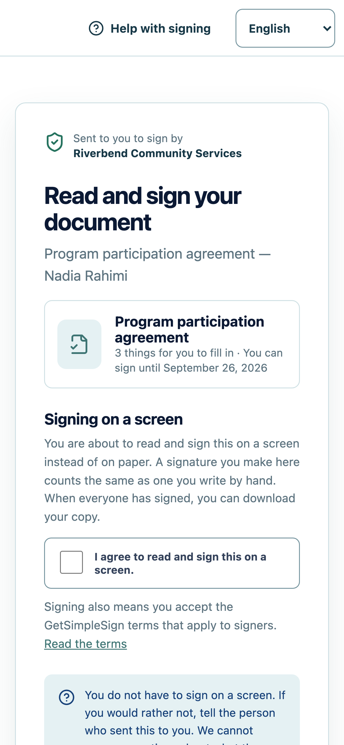 The same signing screen on a phone, which is how most people receive one.