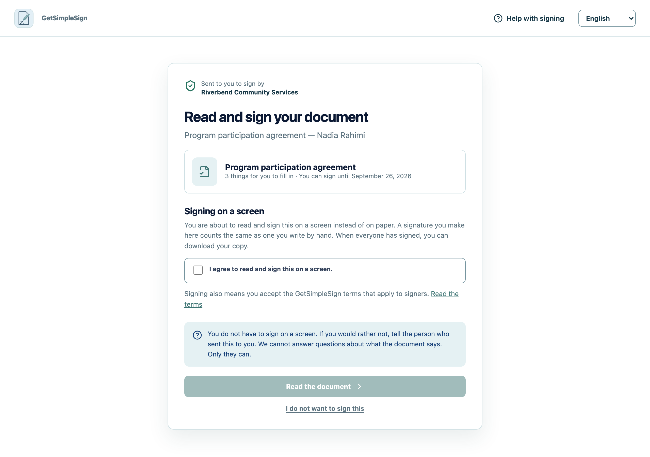 What a signer sees first: who sent the document, an explanation of signing on a screen, the agreement to do so, and a link to the terms.