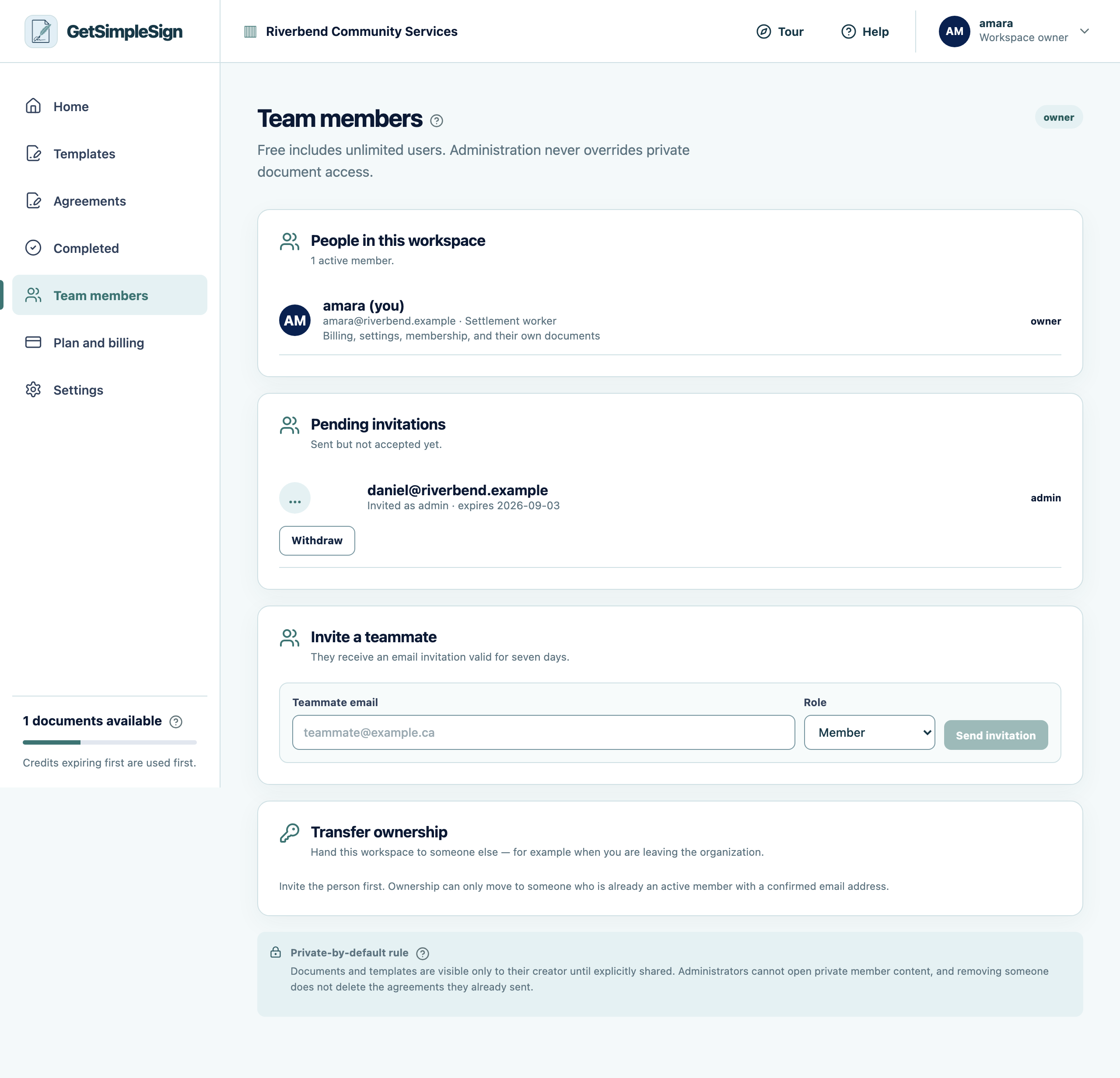 The Team members screen, listing members, their roles, and any invitation still outstanding.