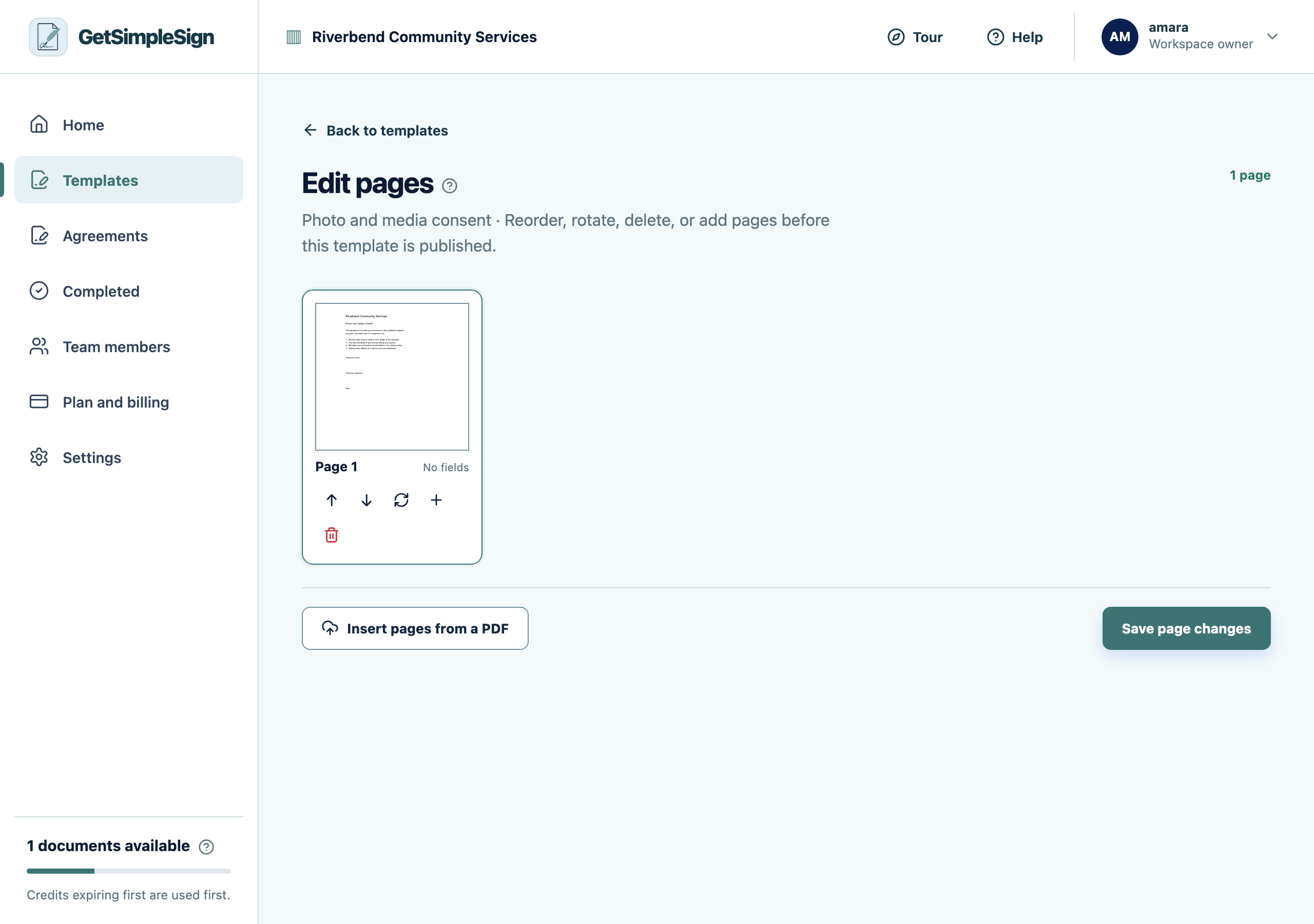 The page editor, where pages can be reordered, rotated, deleted, or added from another PDF.