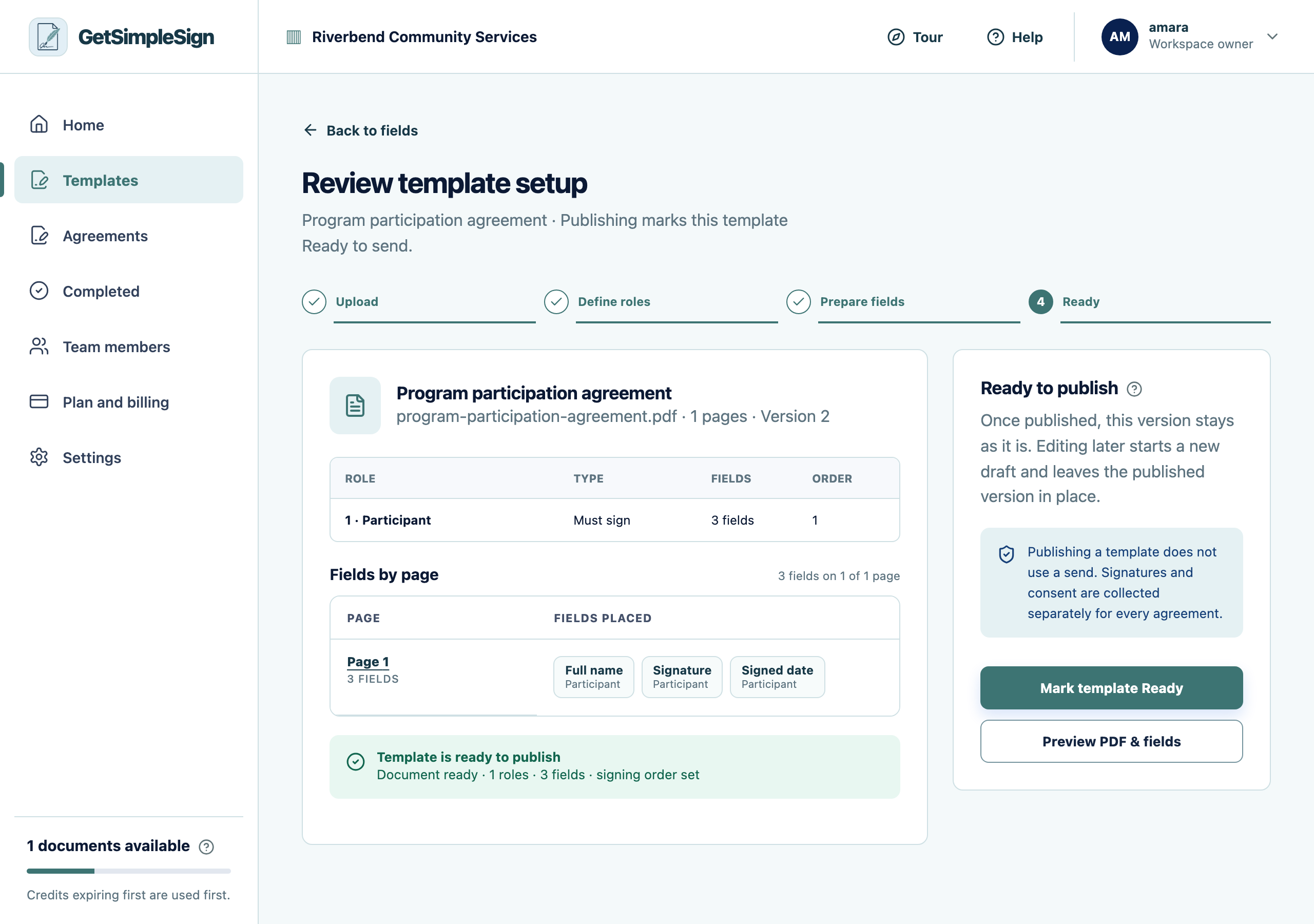 The review screen, listing every field and who fills it in before the template is published.