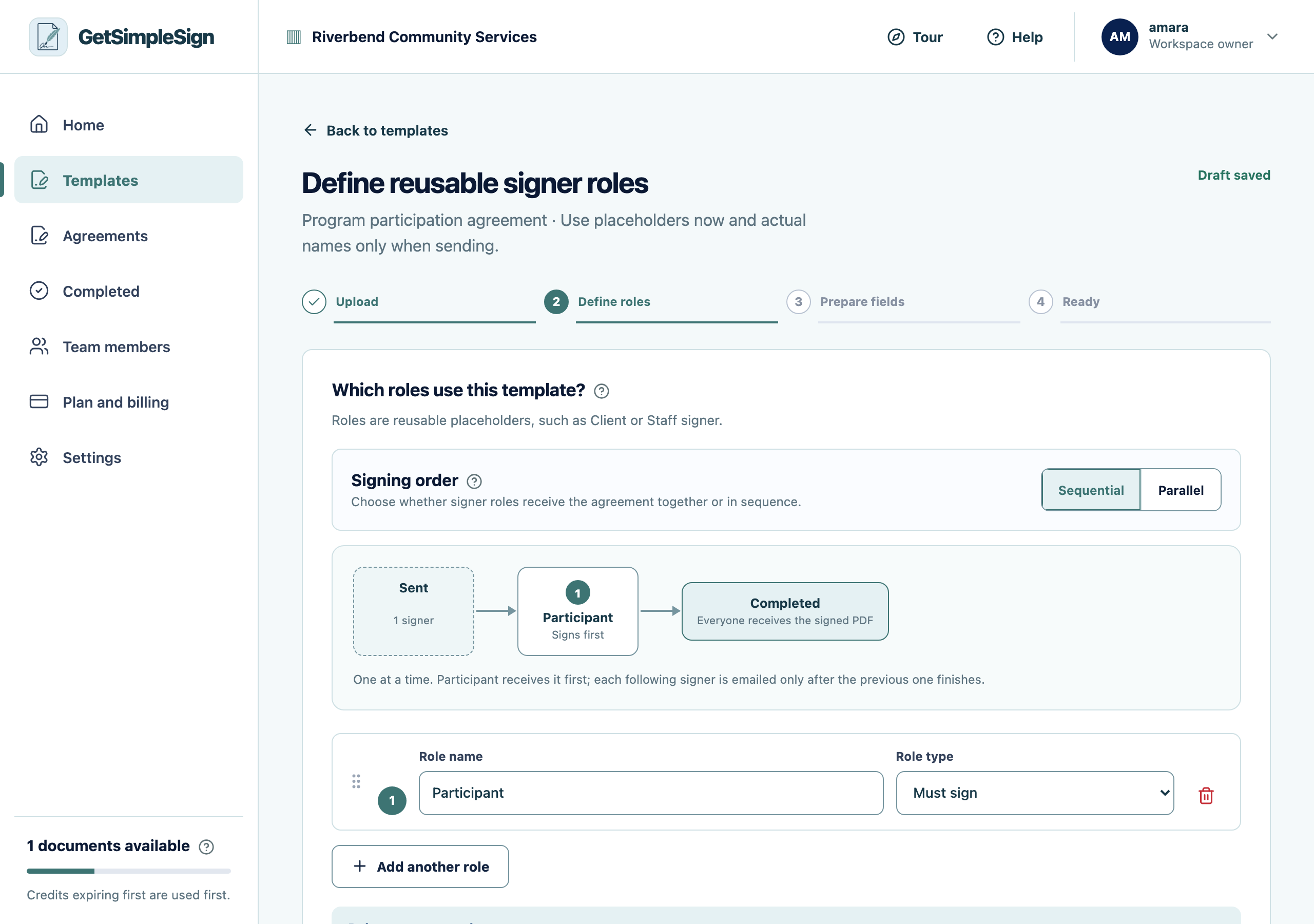 The roles screen, where you describe who signs — by their part in the agreement rather than by name.
