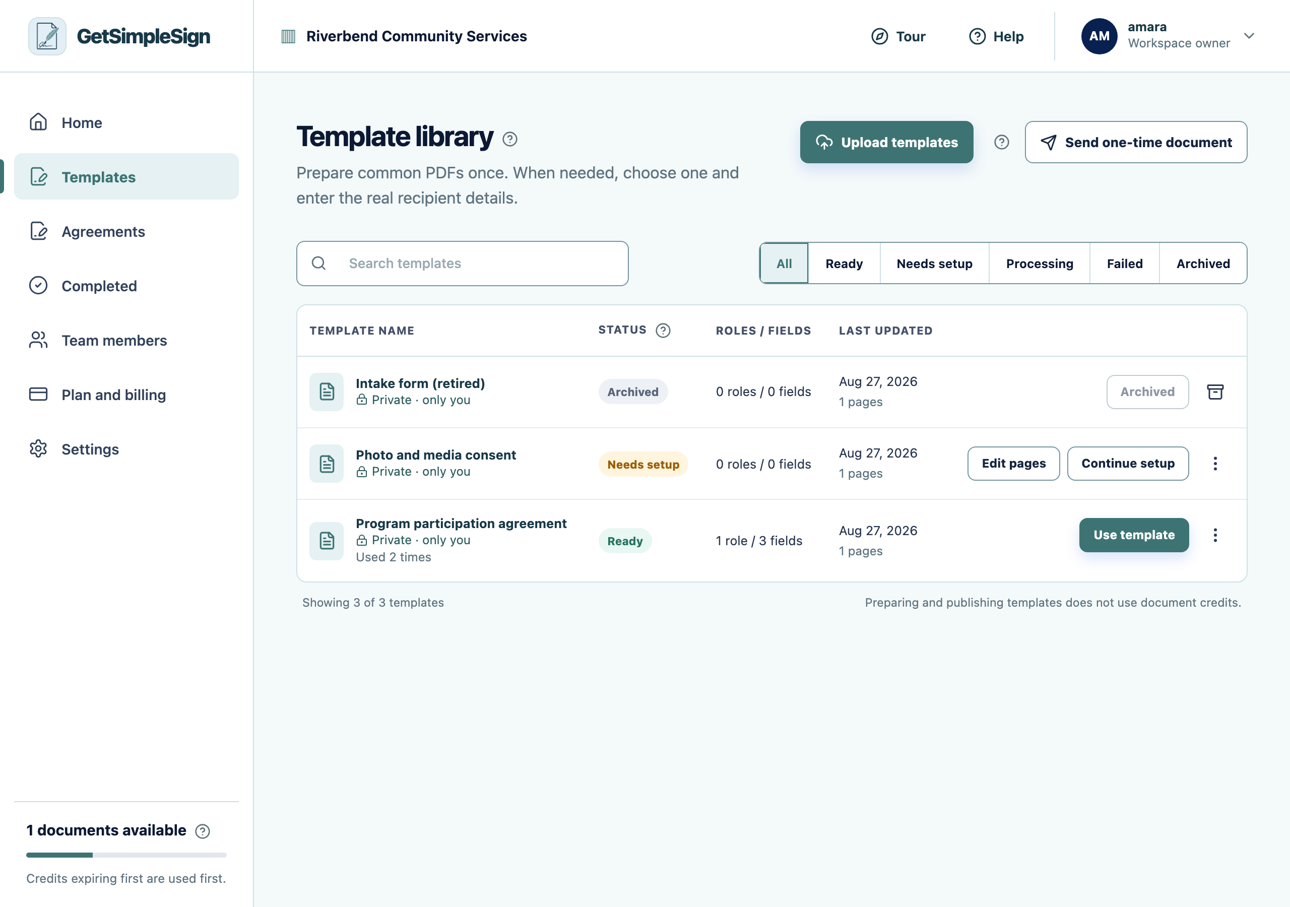 The Template library, listing three templates with their statuses: Ready, Needs setup, and Archived.