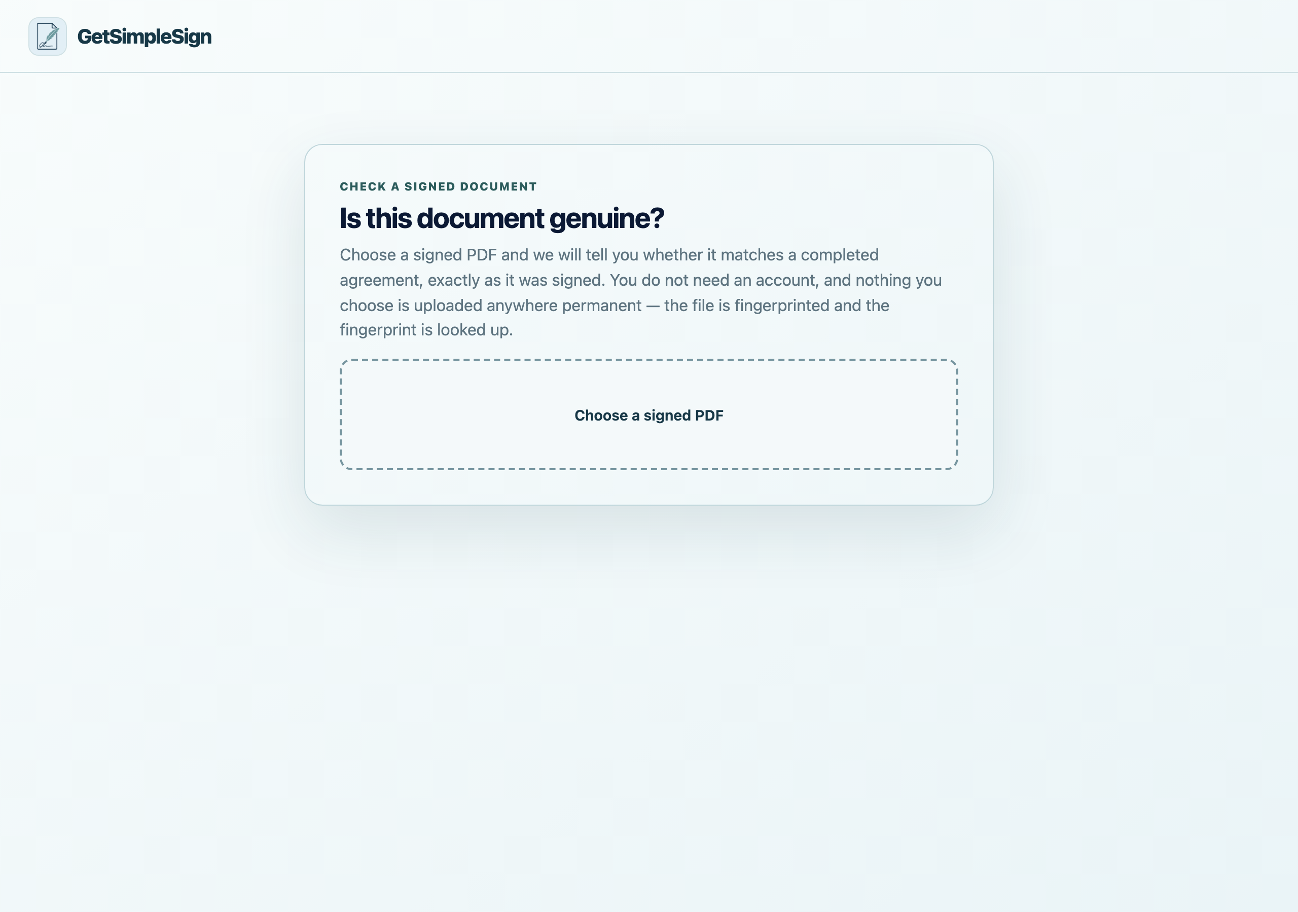 The document verification screen, where anyone can check a signed PDF against its record without an account.